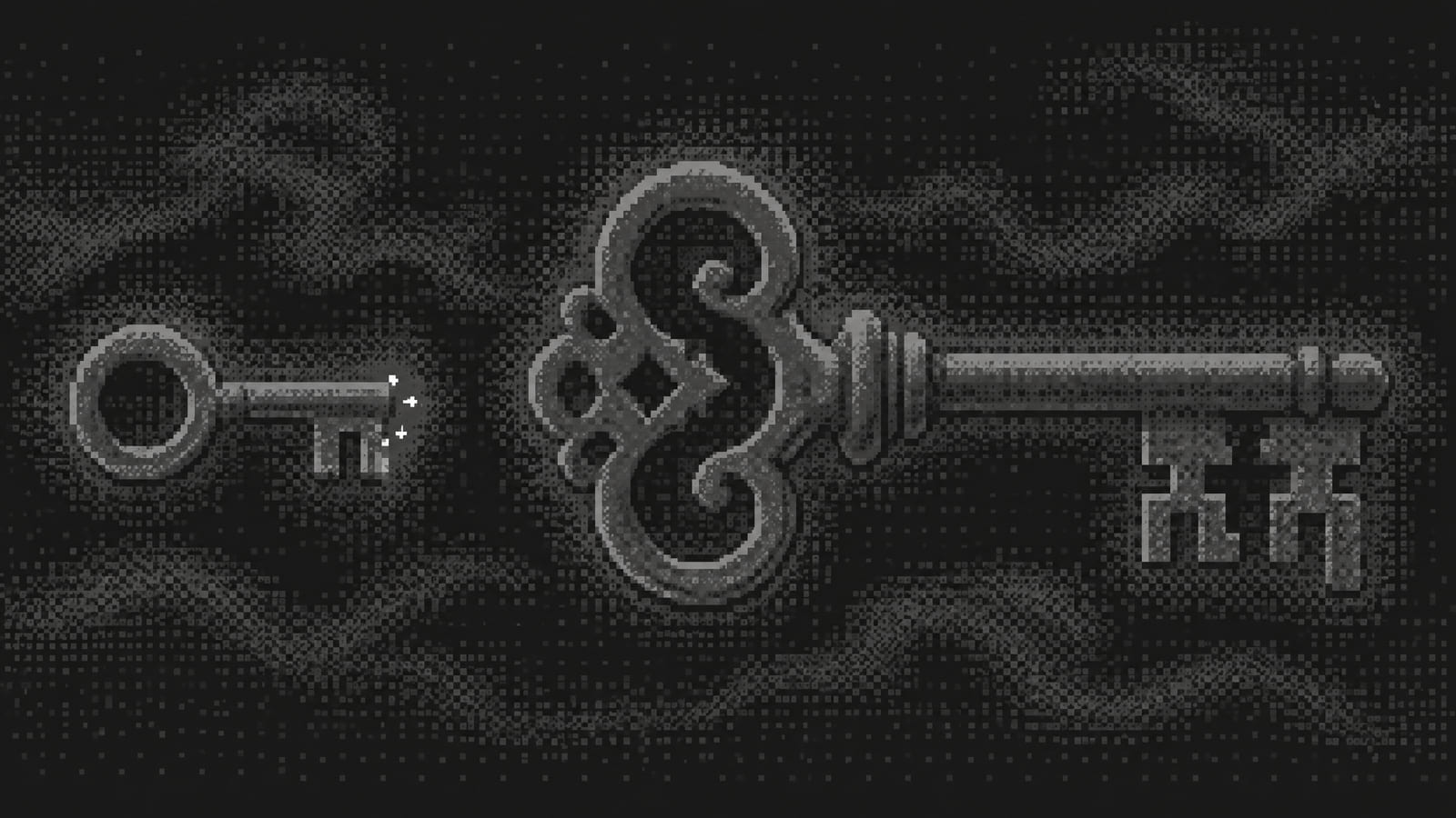 Dithered black and grey print of a small simple key beside a large ornate key, comparing Amaware and Profound