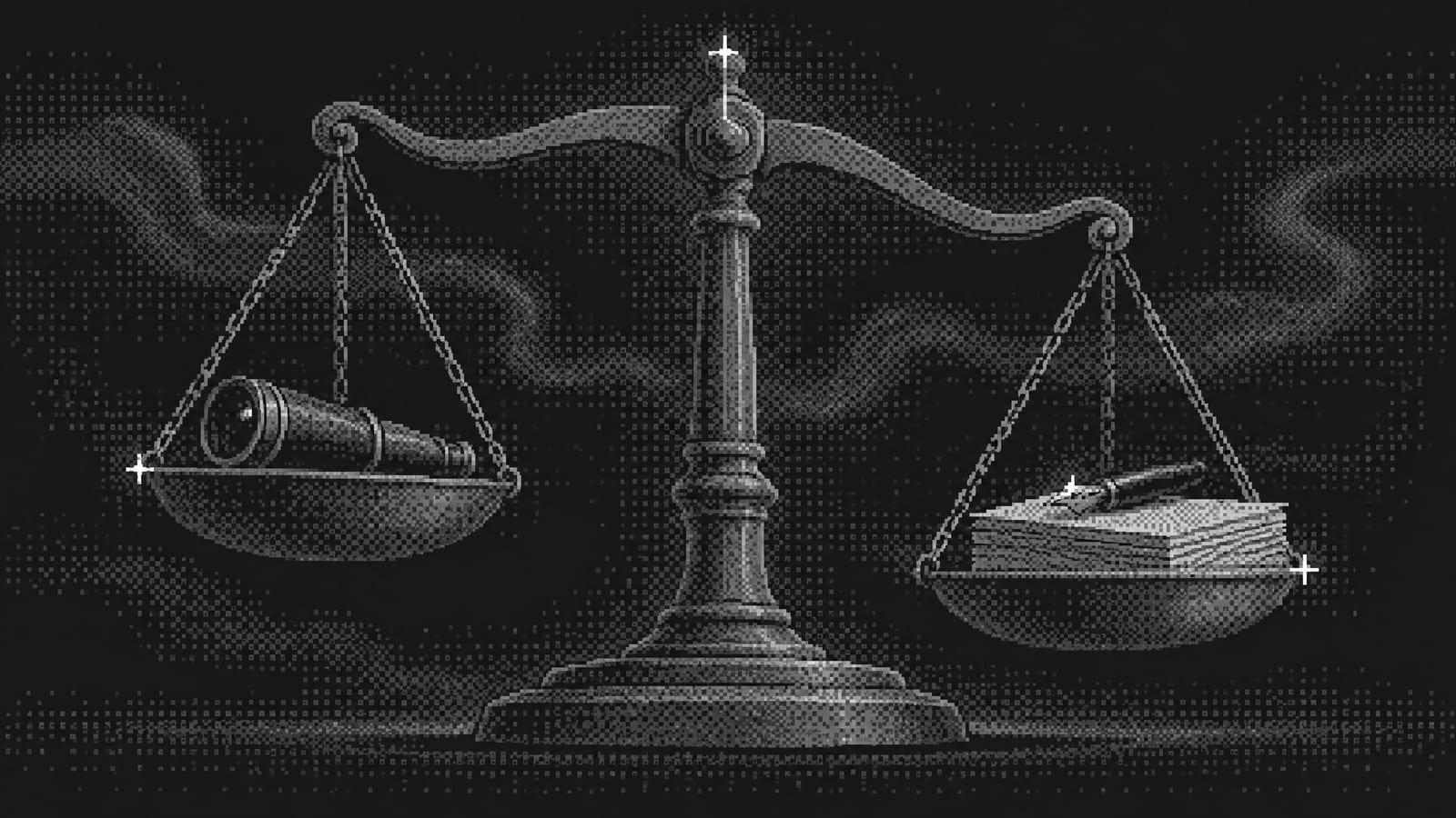 Dithered balance scale weighing a spyglass against paper and a pen, Amaware vs Otterly.AI comparison