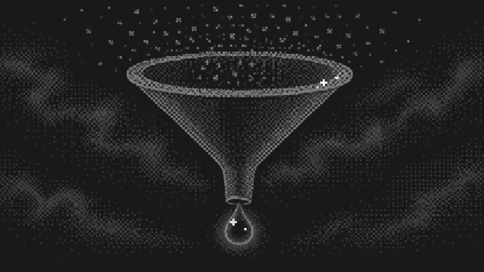 Dithered funnel turning many falling dots into one drop, explaining how AEO differs from SEO